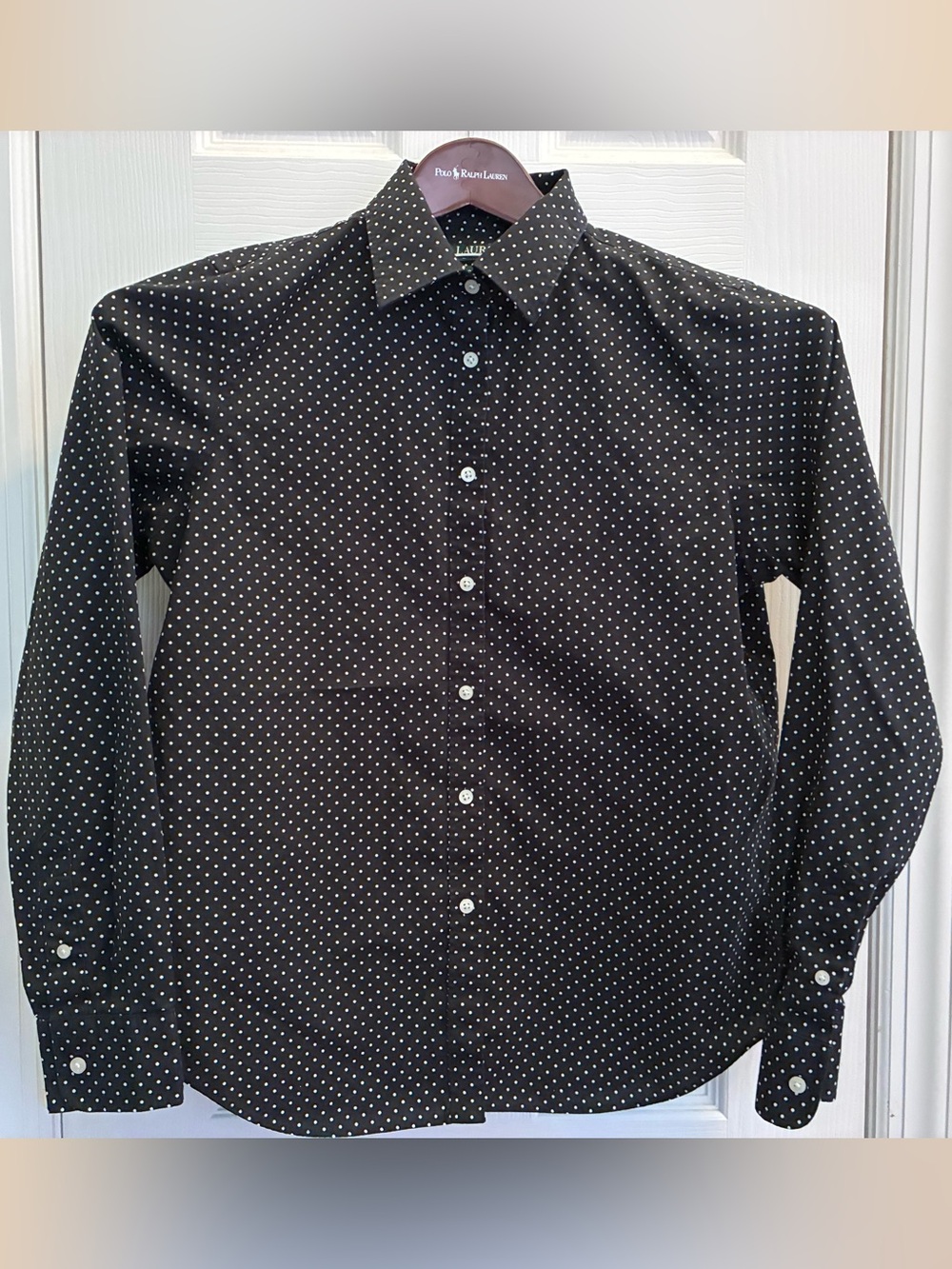 Lauren Ralph Lauren Women’s Black Shirt with White Polka Dots size Medium